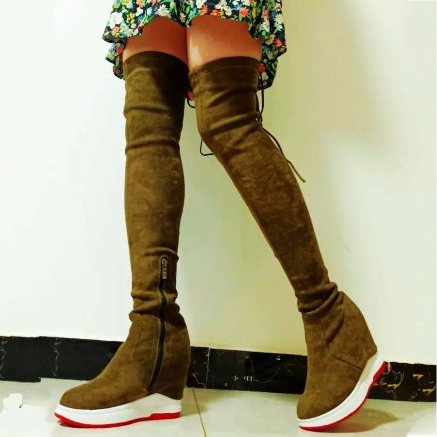 

US4-12 Fashion Sneakers Women Over the Knee Thigh High Boots Female Stretchy Fabric Platform Wedges High Heel Pumps