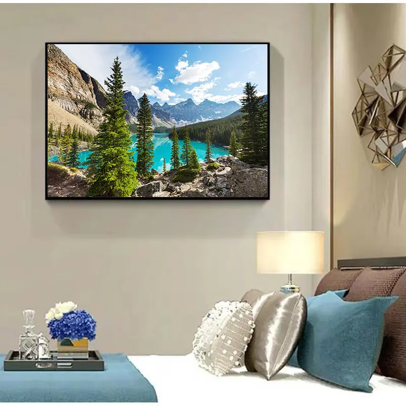 Современная живопись закат домашний декор прозрачное озеро и гора в лесу холст