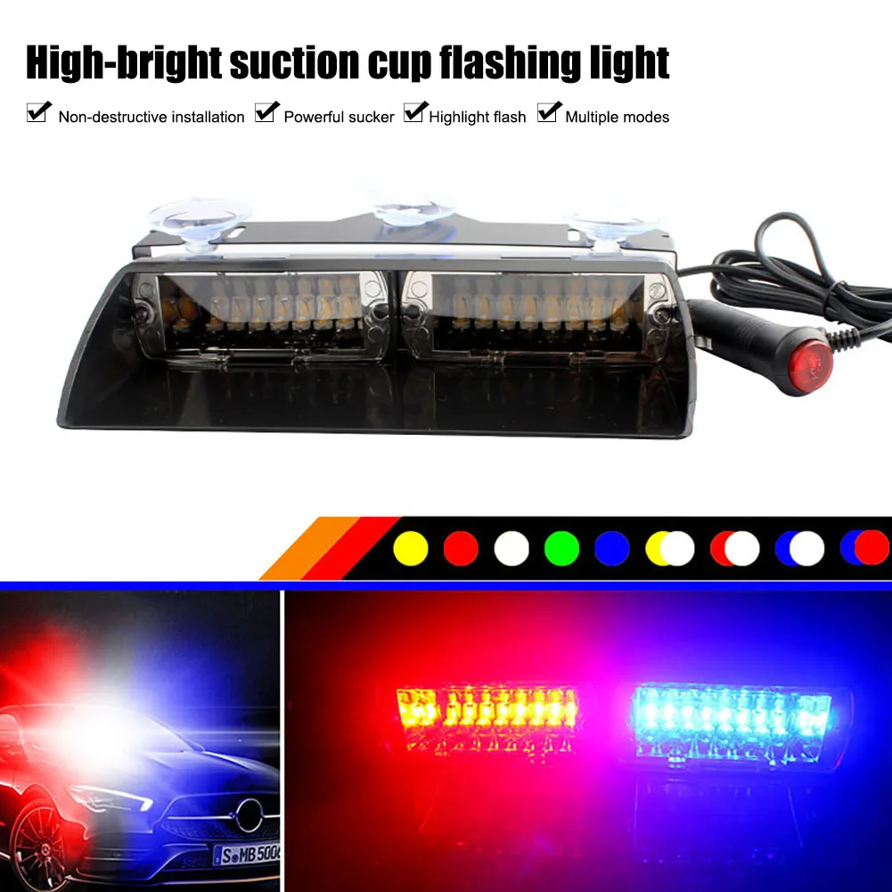 

12V 16LED Universal Car Strobe Light Flasher Light Bar Windshield Mount Suction Cup Red Blue Flashing Police Warning Light