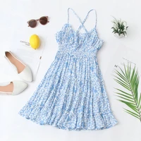 summer women holiday slip dresses romantic ligjt blue floral back cross spaghetti strap flare dress ruffles ruched one piece new