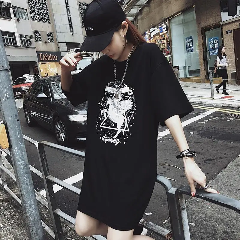 

Summer New Mid Long Loose Black Short Sleeve Student Retro T-shirt