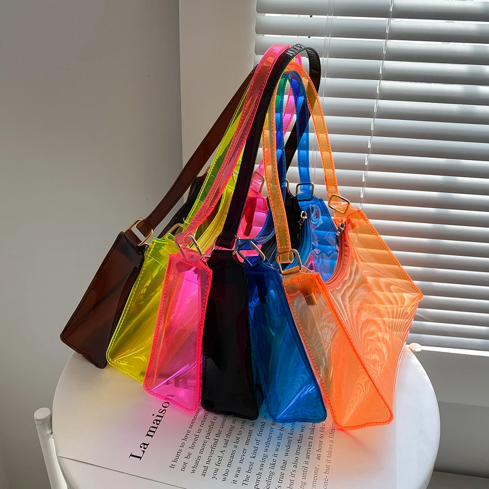 

2021 Women Fluorescent Small Shoulder Bags Summer PVC Transparent Underarm Bags Female Jelly Bag Purses Beach Travel Handbag