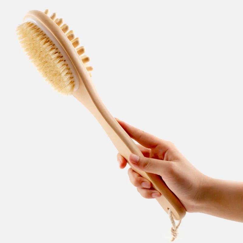 

New Natural Long Wood Wooden Body Brush Massager Bath Shower Back Spa Scrubber Double-sided Massage Bathroom Bath Brush Hot Sale