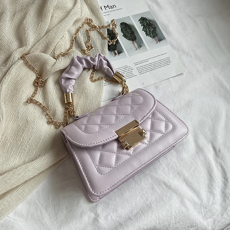

Leather Rhomboid Chain Small Square Wrap Solid Color One-shoulder Lady Handbag