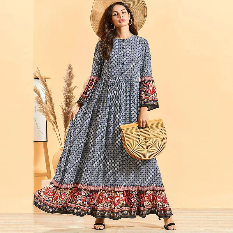 

British women's fashion dress temperament printing polka dot vertical folds waist front buttoned Muslim nursing long skirt