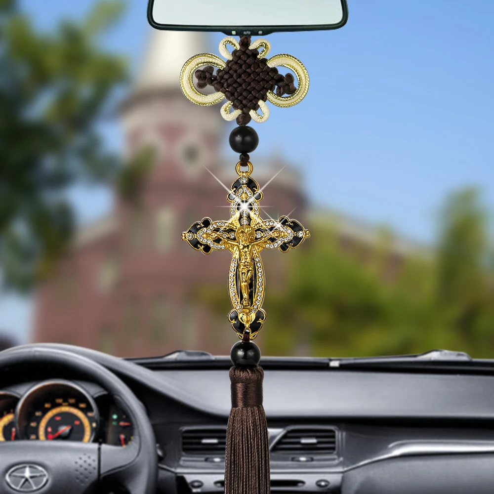 

New Car Pendant Metal Diamond Cross Jesus Christian Religious Car Rearview Mirror Ornaments Hanging Auto Car Styling Accessories