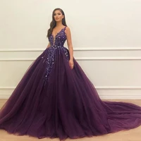 lace applique beads v neck prom dresses sleevesless back open dark purple tulle ball gown evening party gown %d0%bf%d0%bb%d0%b0%d1%82%d1%8c%d0%b5 %d0%b2%d0%b5%d1%87%d0%b5