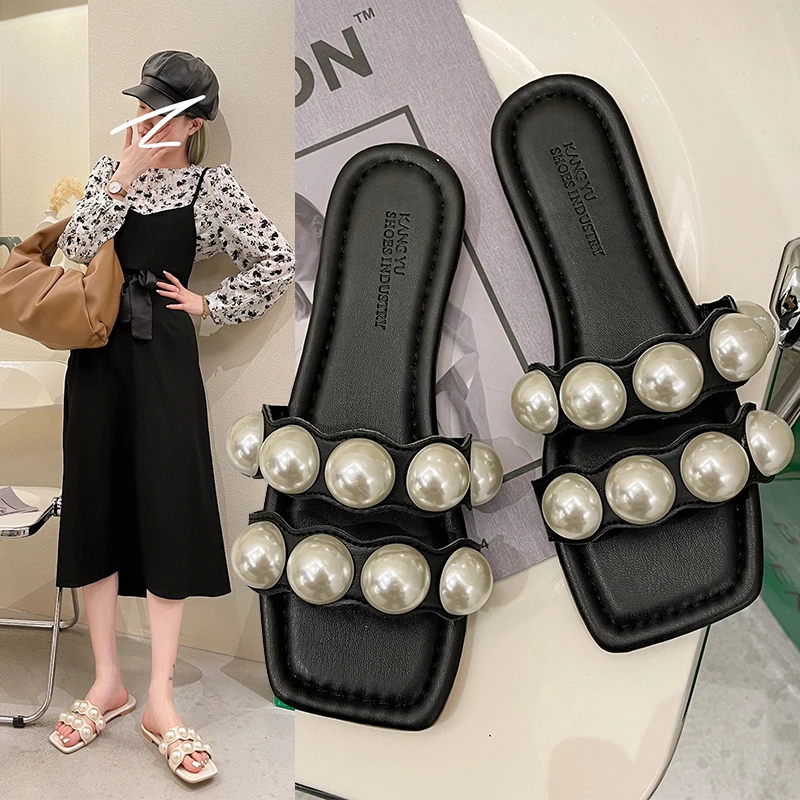 

Female Shoes Slippers Women Summer Slides String Bead Fashion 2021 Flat Beach Luxury PU Bonded Leather Rubber