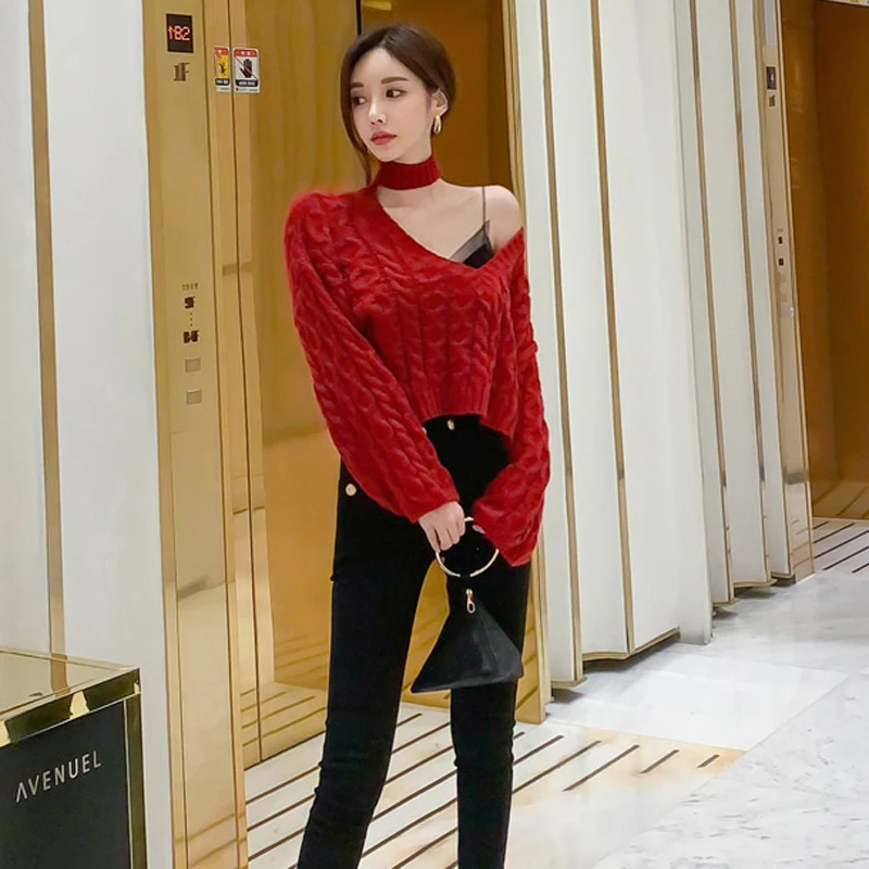 

Halter Long Sleeve Sweaters Women Tops Hollow Out Casual Sweater Twist Short Pullover Outerwear TA7737