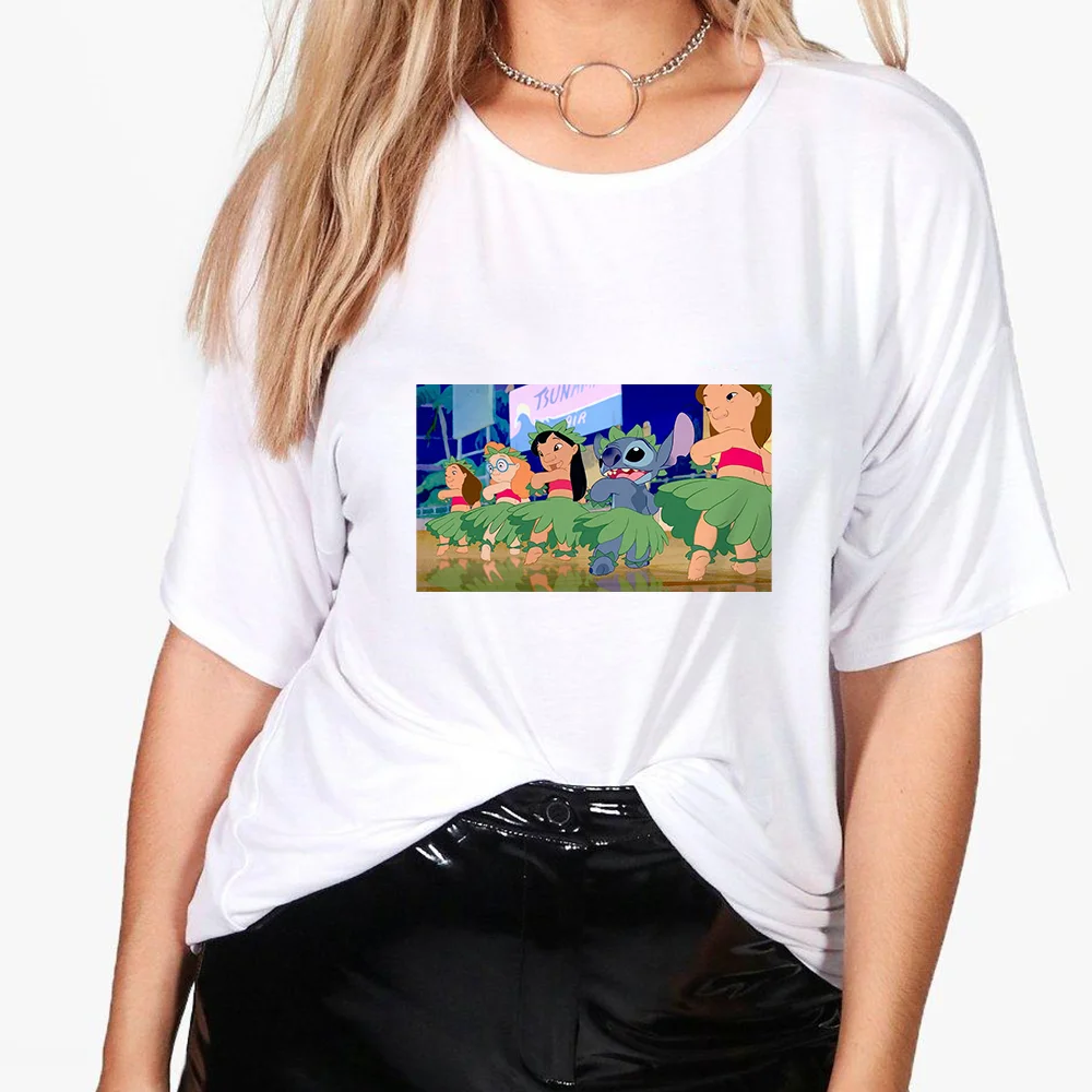 

Disney T-shirts Crewneck Creative Short Sleeve Fashion Cute Stitch Hula Printed Minimalism Brand Shirt Women Cartoon Top