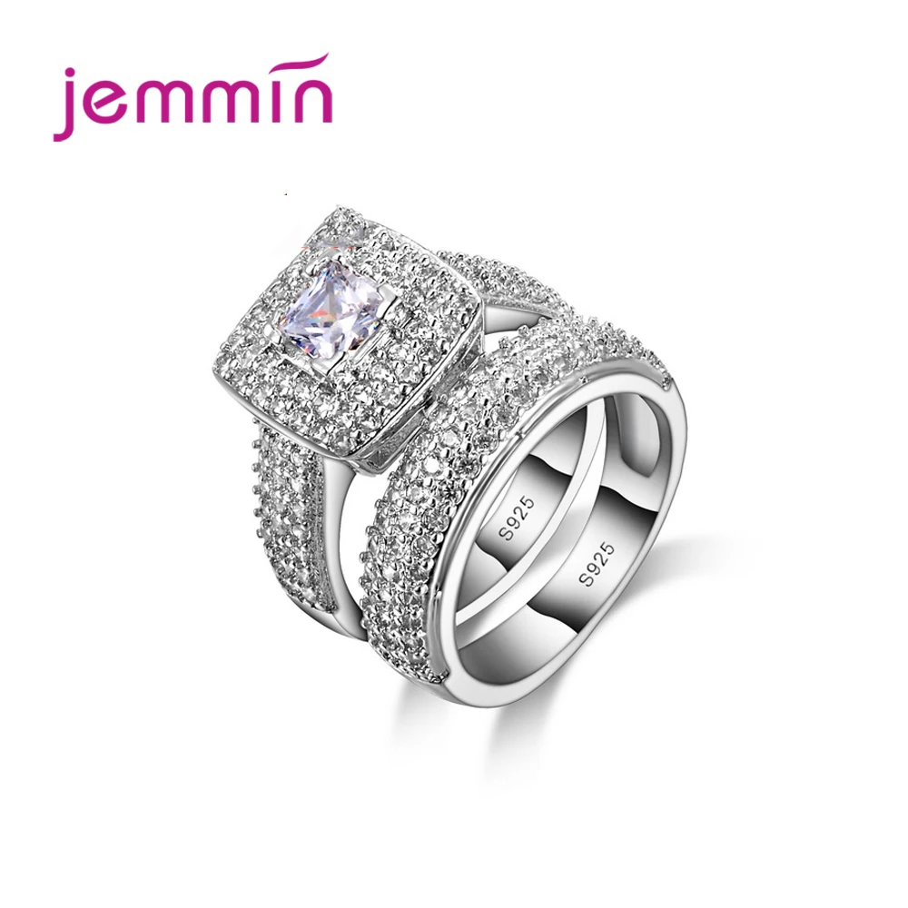 

2pcs/set Luxury Stamped 925 Sterling Silver Promise Engagement Rings Sets CZ Crystal Lady Ring for Party Wedding Jewelry Gift