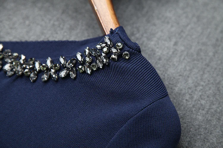 High Quality Blue Pink Sweater Dress Autumn Winter Knitwear Women Diamond Beading Long Sleeve Casual Knitted Dress Ladies