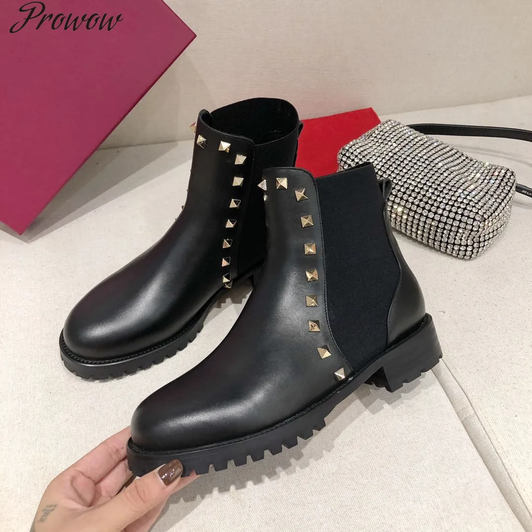 

Prowow 2021 Black Low Heels Women Boots Rivets Slip On Autumn Ankle Boots Round Toe Casual Ladies Shoes Genuine Leather