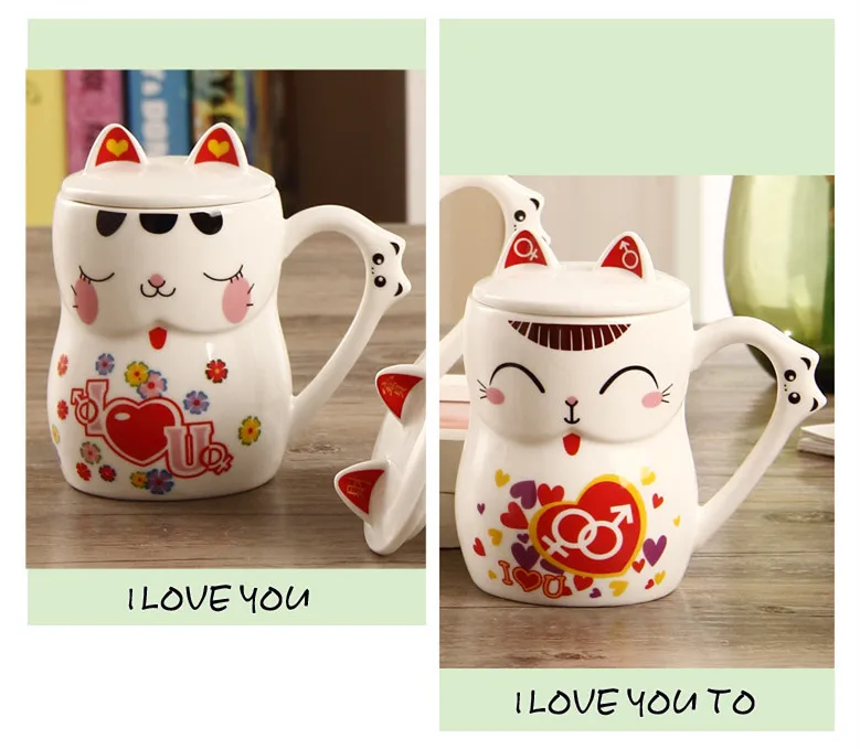 

280ml 330ml Cartoon Lucky Kitty Cup Handgrip Lid Spoon Kitten Milk Coffee Ceramic Mug Children Home Office Gifts