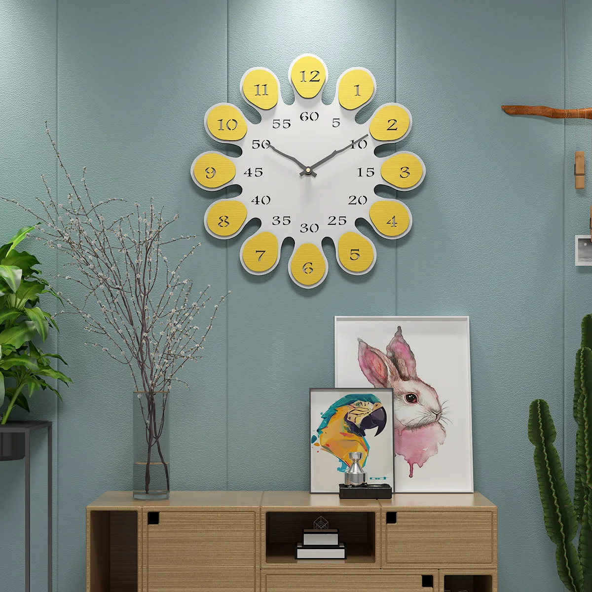

Best selling creative wooden wall clock, modern living room petal silent clock