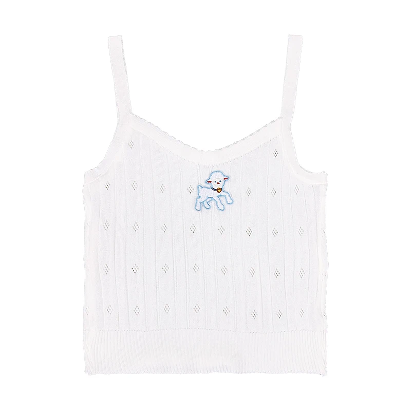 

QWEEK Kawaii Plaid Sleep Tops Summer 2021 Pajamas Women Cute Lamb Embroidery Sleepwear White Blue Home Clothes Short Loungewear