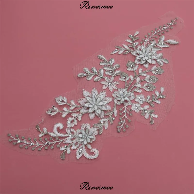 1Pc Silver Cording Ivory Beads Lace Flower Applique Bride Wedding Dress DIY Tiara Veil Accessories Patch 35X14cm SX453 | Дом и сад