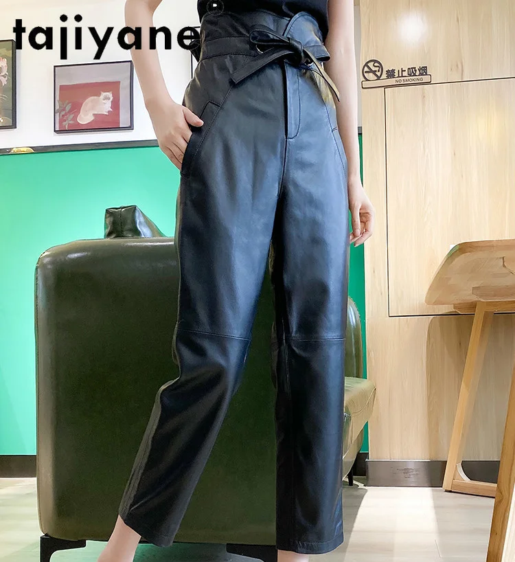 

Women for Pants 2021 Real Sheepskin Wide Leg Pants Woman Genuine Leather High Waisted Trousers Spodnie Damskie TN1203