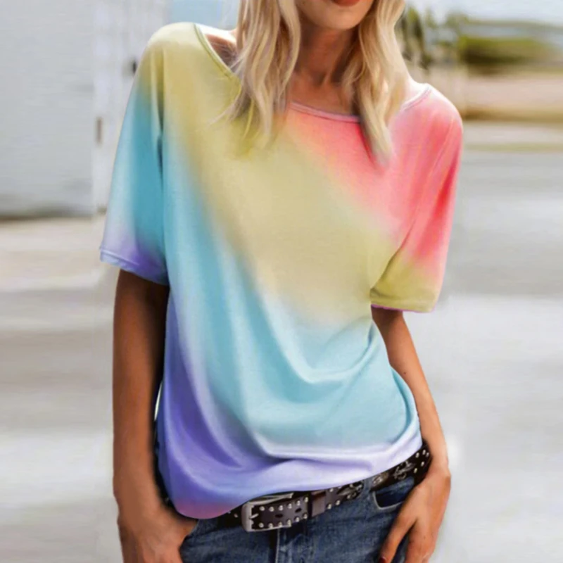 

Tie-Dye Rainbow T-Shirt Women's Summer Short Sleeve Crew-Neck Colourful Casual Tee Tops S-XL Multicolor T Shirt Ropa De Mujer