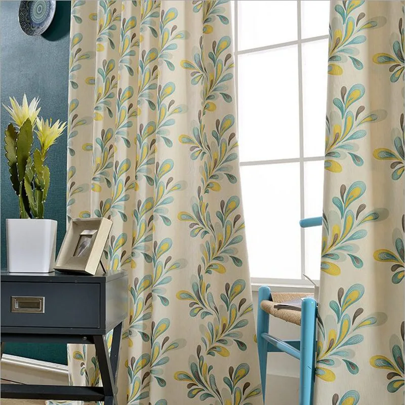 Желтый с узором из листьев затемненные шторы в простом стиле для Спальня