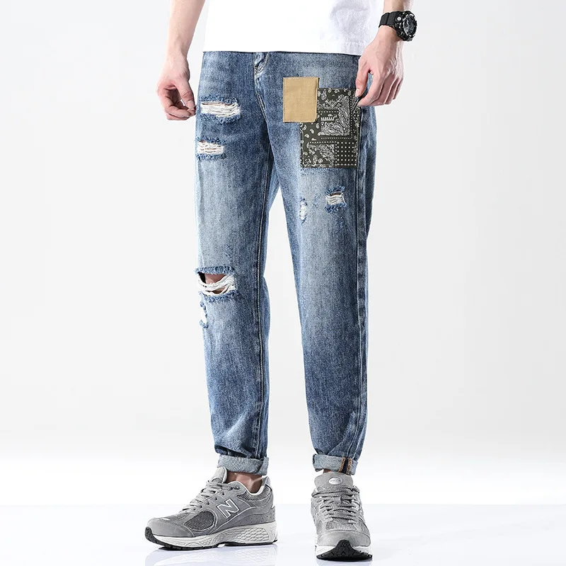 New Men's Ripped Retro Blue Jeans Casual Slim Straight-leg Printed Men's Jeans Plus Size Personalized Beggar Jeans 36 38
