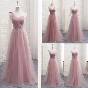 Beauty-Emily V Neck Bridesmaid Dresses Long for Wedding Elegant A Line Tulle Pink Party Gowns for We
