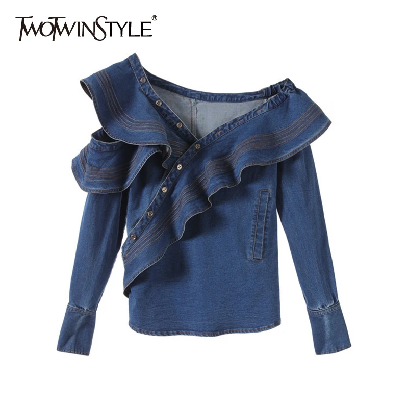 TWOTWINSTYLE джинсовая рубашка с оборками топы для женщин длинный рукав открытыми