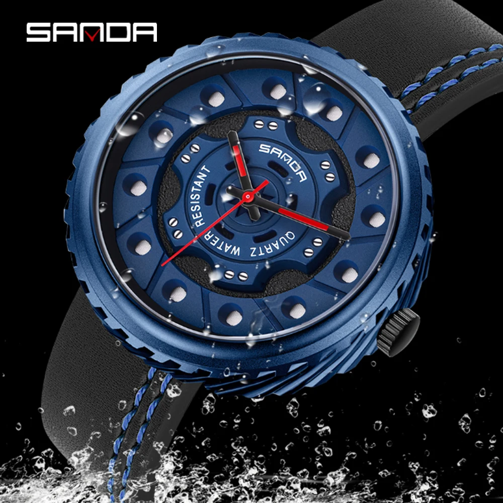 

Часы наручные мужские кварцевые, креативные модные спортивные армейские, с кожаным ремешком, с колесным ободом