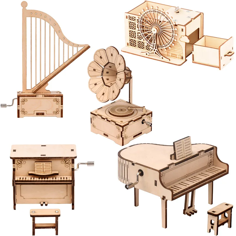 

Wooden Puzzle DIY 3D Gramophone Box Piano Harp Music Box Wooden Puzzle Montessori Game Assembly Puzzle Toys Gift for Kids Adult