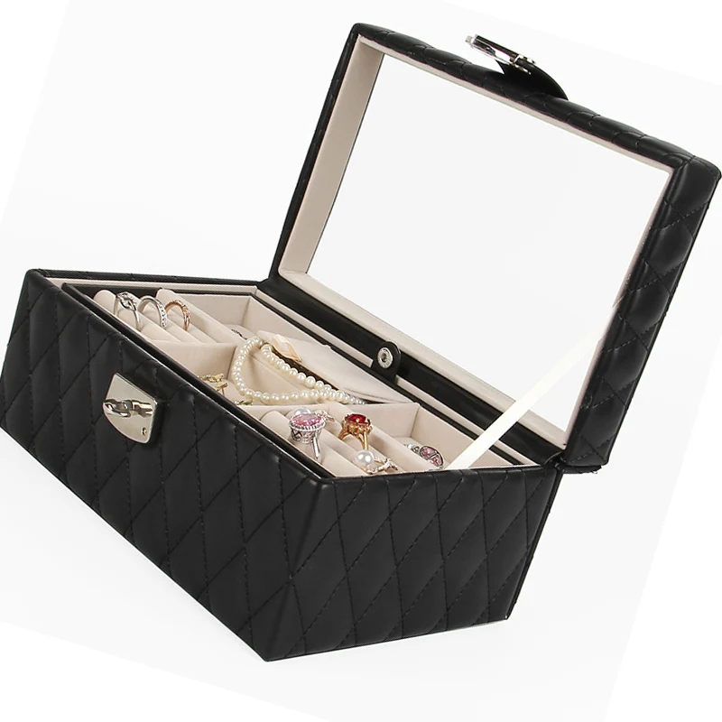 

Pu Leather Jewelry Box Rhombus Leather Ring Earrings Earrings Jewelry Large-Capacity Storage Box Home Storage Rack