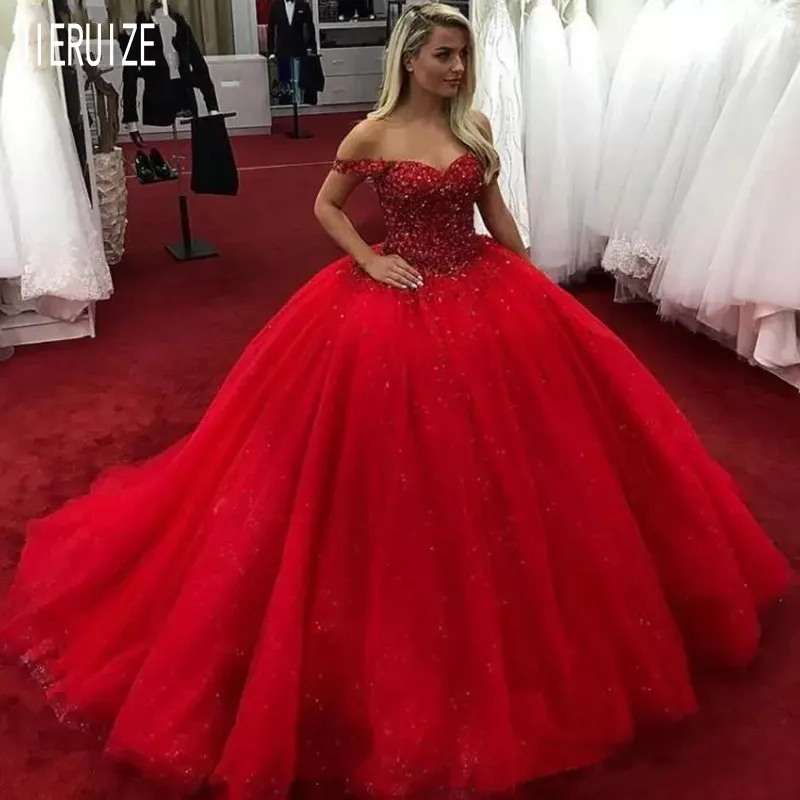 

Женское свадебное платье с открытыми плечами JIERUIZE, красное бальное платье со шнуровкой сзади