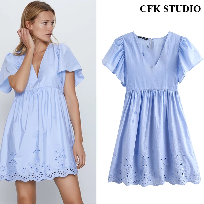 Женское мини платье с цветочной вышивкой коротким рукавом v образным вырезом и