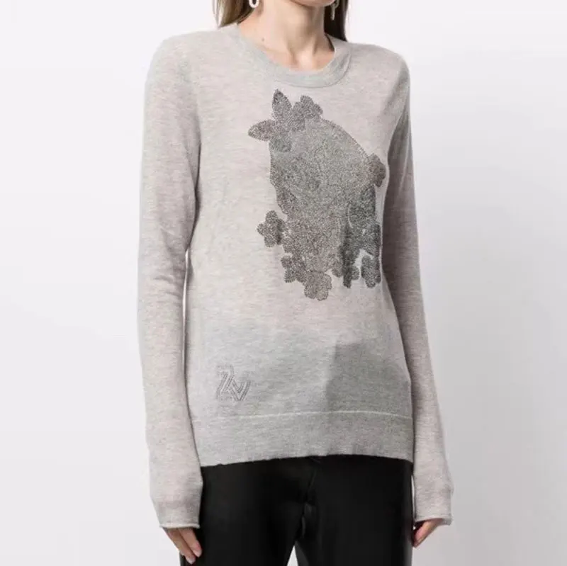 

Женский кашемировый свитер, повседневный Трикотажный свитер с круглым вырезом и длинным рукавом, с принтом черепа, 2021