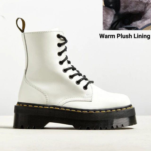 White Plush Boots Baimier Black Patent Leather Ankle Boots For Women Lace Up Platform Boots Women Winter Warm Plush Women Boots Street Style Shoes - Цвет: White Plush Boots