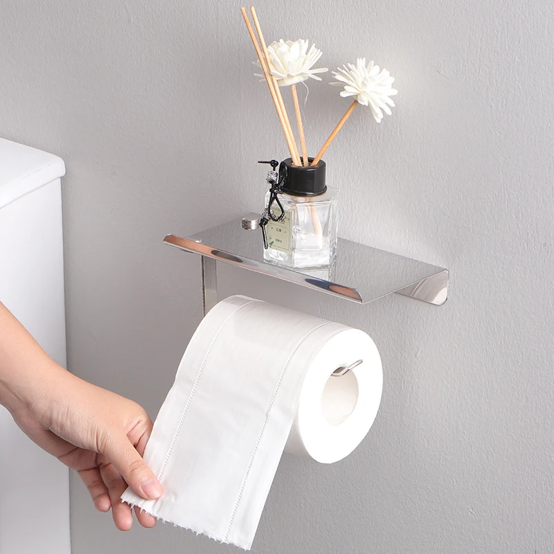 

Punch Free Toilet Paper Holder With Phone Shelf SUS 304 Stainless Steel Bathroom Adhesive Tissue Holder Toilet Paper Roll Holder