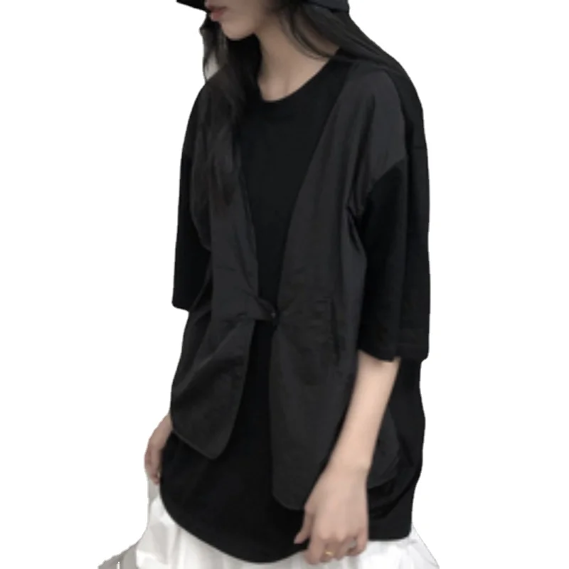 

Short Blouse Fake Two-piece Base T-shirt Summer Black Loose Cotton Half-sleeve T-shirt Tops for Women