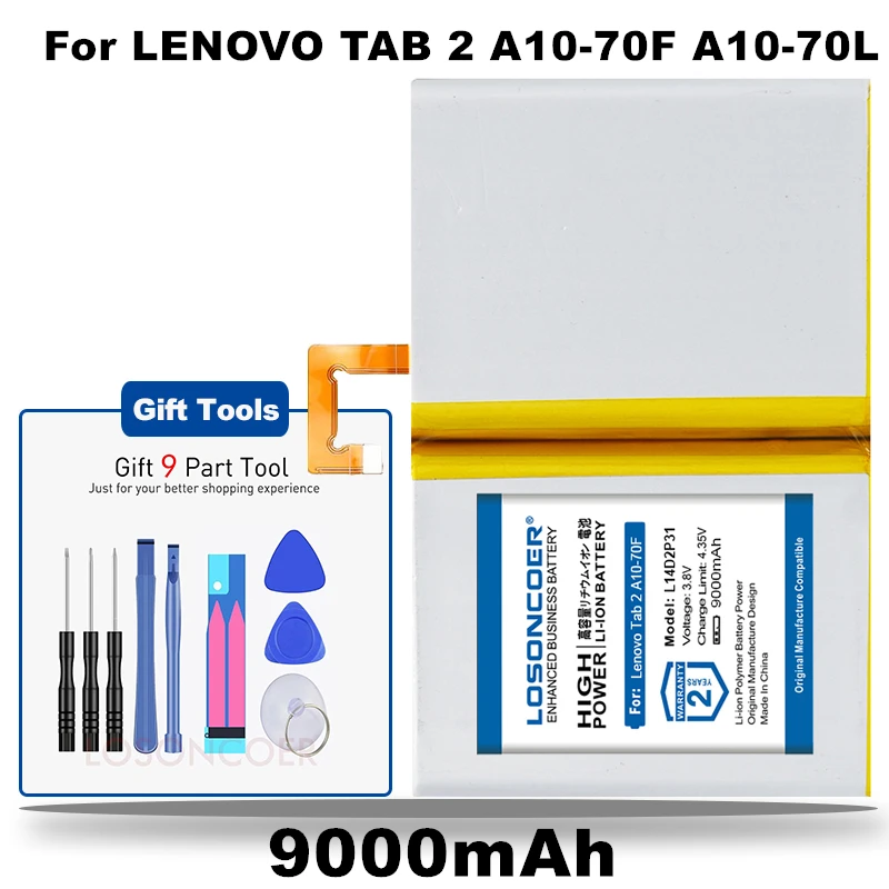 Аккумулятор LOSONCOER L14D2P31 9000 мАч для Lenovo Tab 2 задняя фотография|Батареи планшетов и