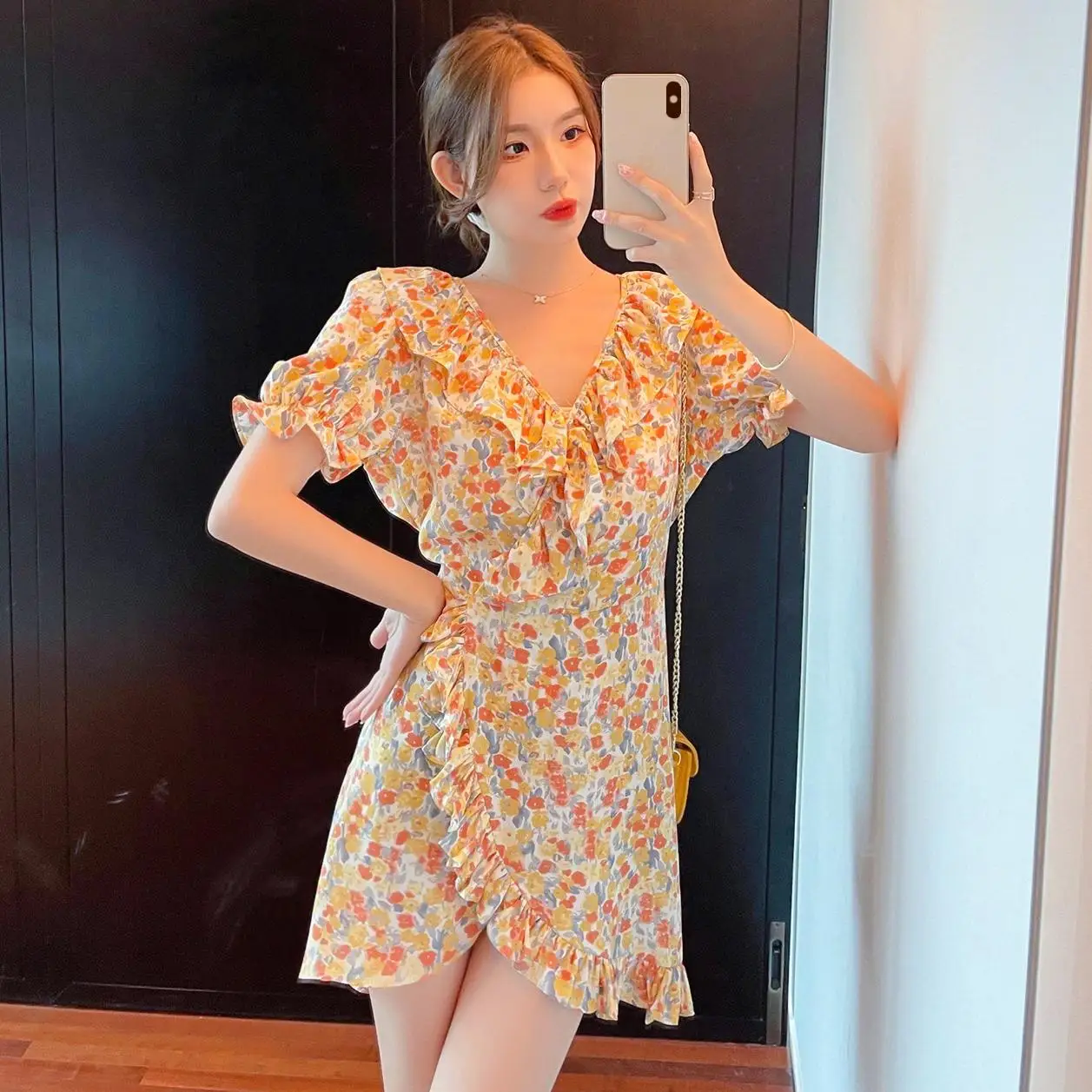 

Show thin film summer collect waist temperament falbala v-neck floral chiffon dress with short sleeves