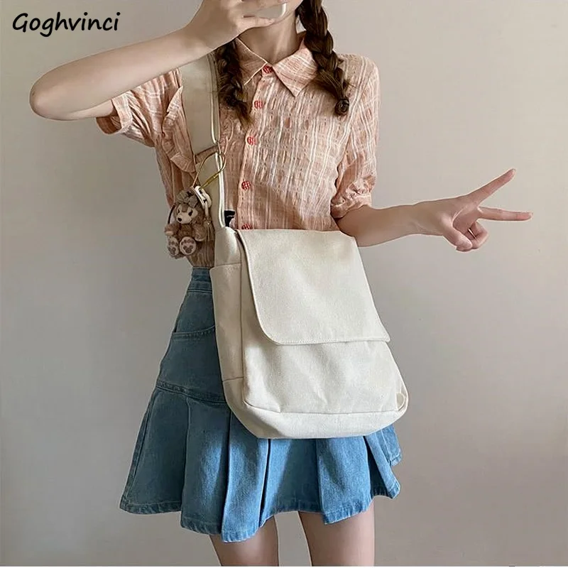 

Simple Solid Canvas Crossbody Bags Women Couples Cargo Korean Fashion Large Capacity Preppy Style Unisex BF Ins Basic Book Bag