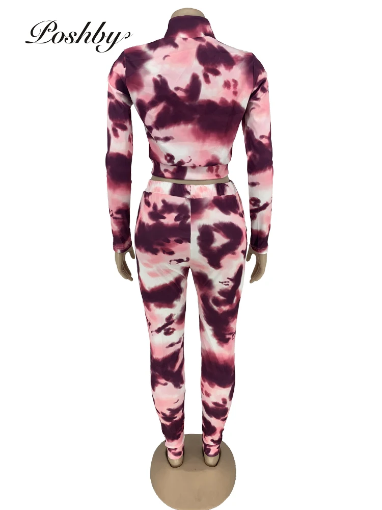 

Poshby Tie Dye Deep V Neck Casual Women Two Piece Sets Long Sleeve Zipper Sporty Crop Top Drawstring Sweatpant Fitness Tracksuit