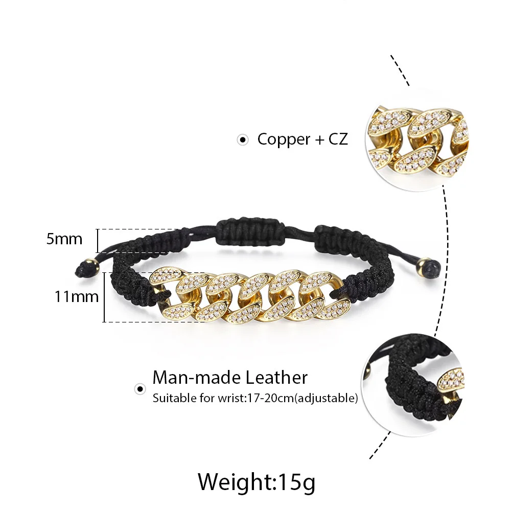 Проложенный Кристалл CZ кубинская цепь плетеный кожаный браслет мужские женские