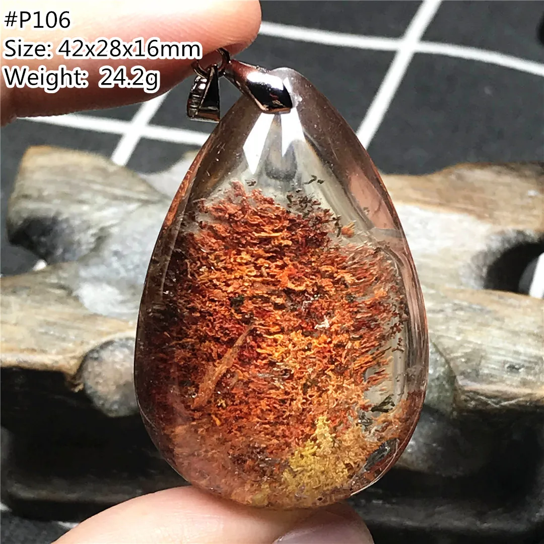 

Top Natural Phantom Quartz Necklace Pendant For Women Men 42x28x16mm Water Drop Healing Beads Crystal Silver Rare Gemstone AAAAA