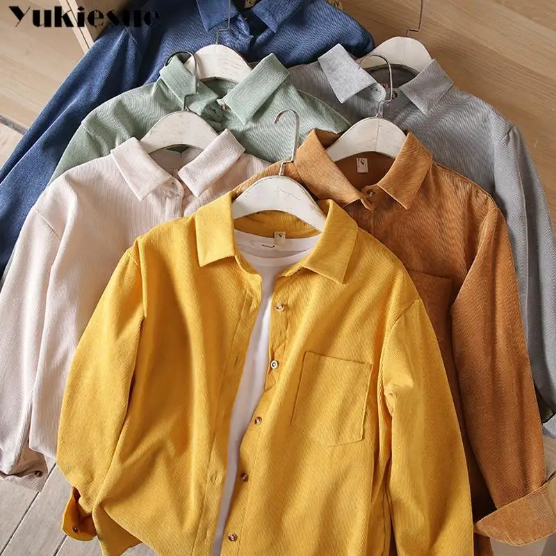 Corduroy Women Blouses Shirts Tunic Womens Tops And 2021 Womenswear Long Sleeve Clothing Button Up Down Loose White New | Женская одежда