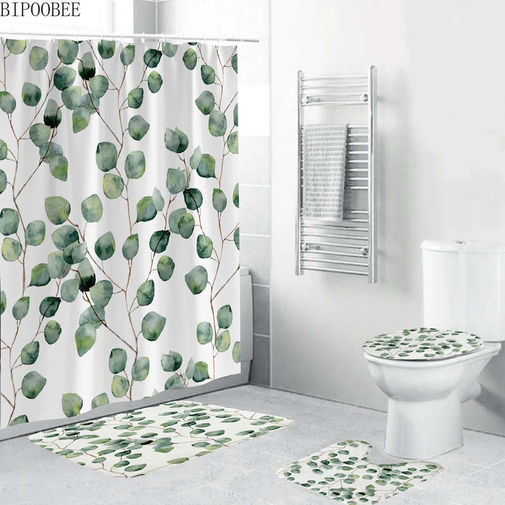 

180x180cm Plants Green Leaves Print Shower Curtain Bathroom Curtains Pedestal Rug Toilet Lid Cover Bath Mat Set Anti-slip Carpet