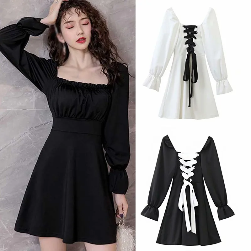 

ROPALIA Slim-fit Bandage Above Knee Dress Women Temperament Square Collar Backless Dress Vestidos/