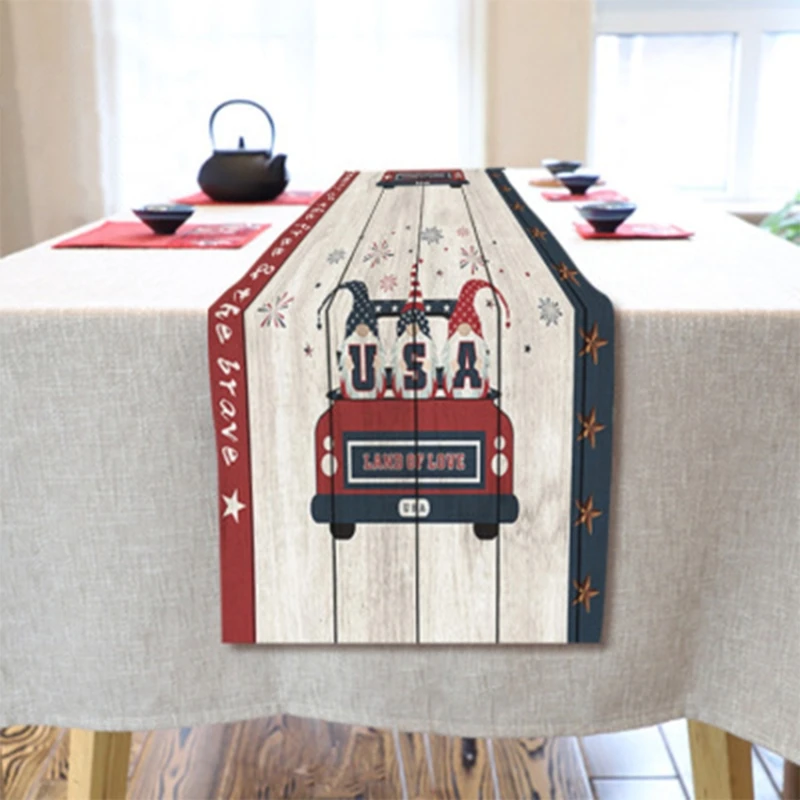 

July 4th Holiday Independence Day Table Runner American Flag Gnome Print Cotton Linen Tablecloth Cover Home Party Decor