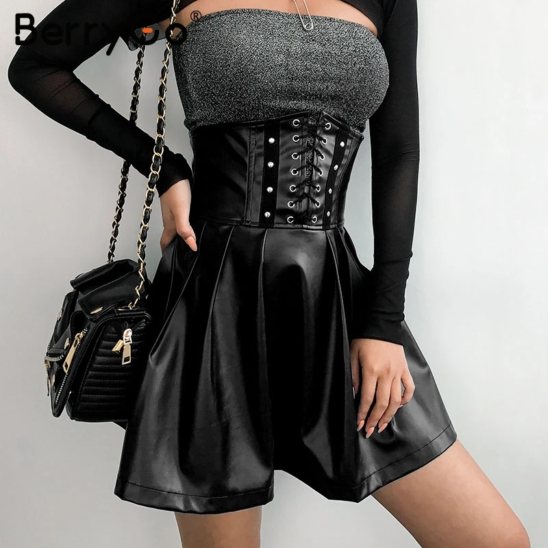 BerryGo/Пикантные мини юбки из искусственной кожи со шнуровкой для женщин с высокой