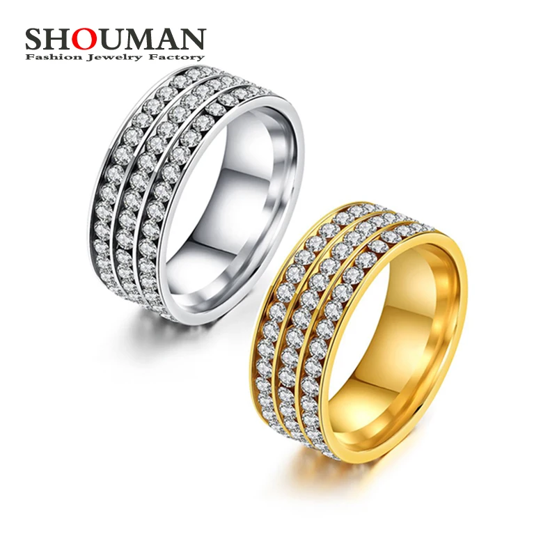 

SHOUMAN Stainless Steel 3 Row Clear Crystal Gold Color Wedding Band Rings For Women Female Jelwery Gift