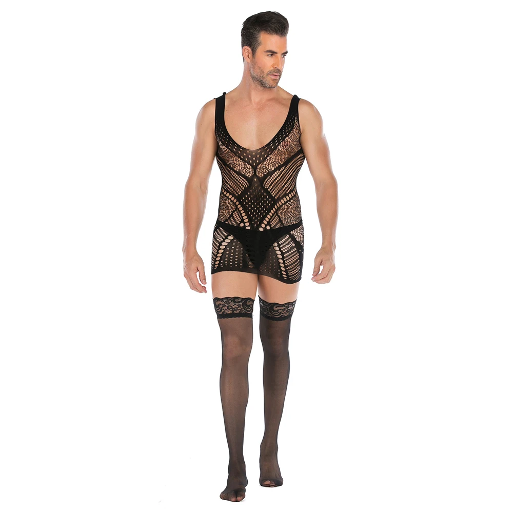 Пикантная Мужская жаккардовая майка без рукавов цельная сетчатая юбка