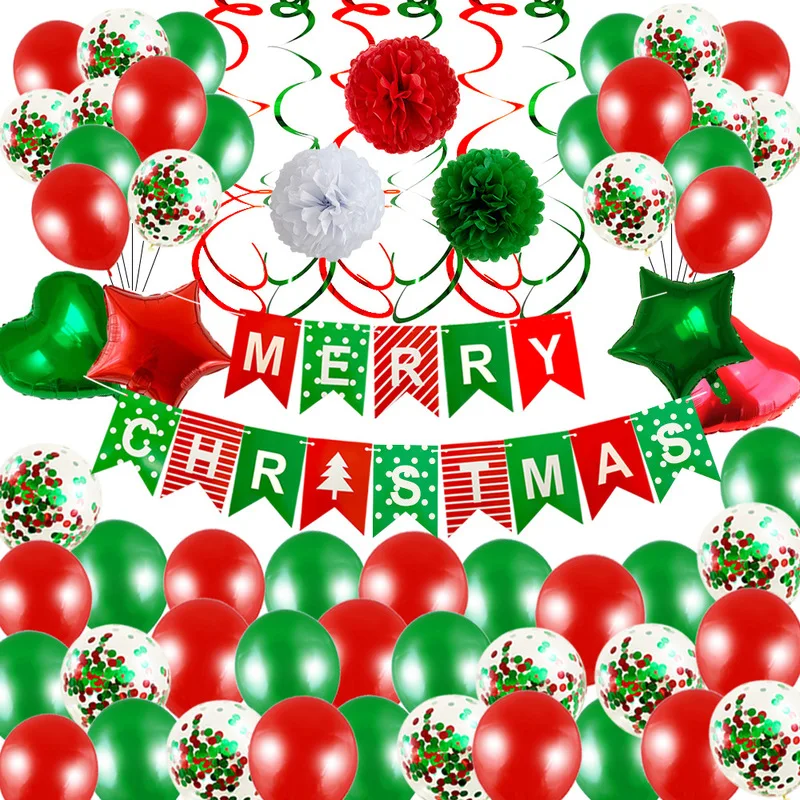

Christmas decoration for home Aluminum balls flag Paper fan flower Christmas emulsion balloon round latex Confetti balloons set
